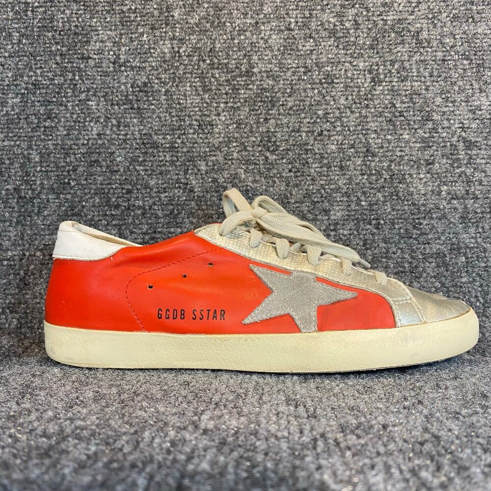 Golden Goose Red Silver Superstar Womens 7.5 Metallic Leather Lace Up Sneakers